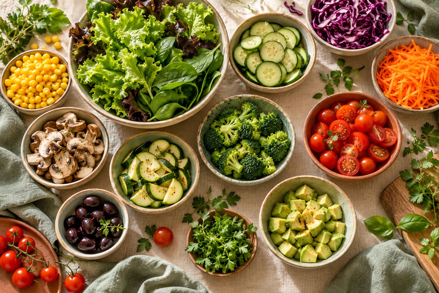 Fresh salad vegetables including greens, cucumber, tomatoes, broccoli and avocado